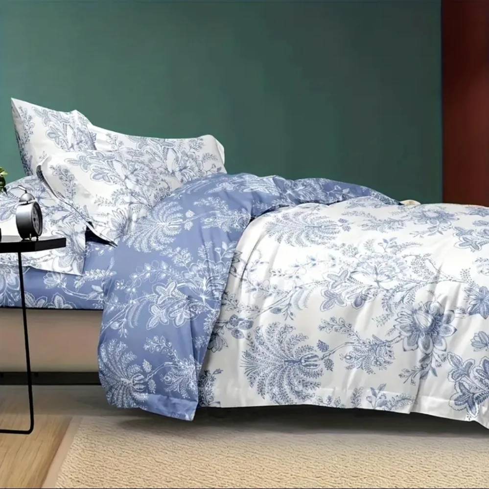 King Size Duvet Double Sided Print Floral Blue & White Bedding Set 3 Pieces Nwt